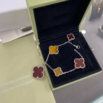 [⭐Mirelle]CLOVER 5 MOTIFS SIVLER CARNELIAN TIGER EYE BRACELET