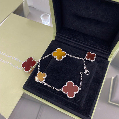 [⭐Mirelle]CLOVER 5 MOTIFS SIVLER CARNELIAN TIGER EYE BRACELET