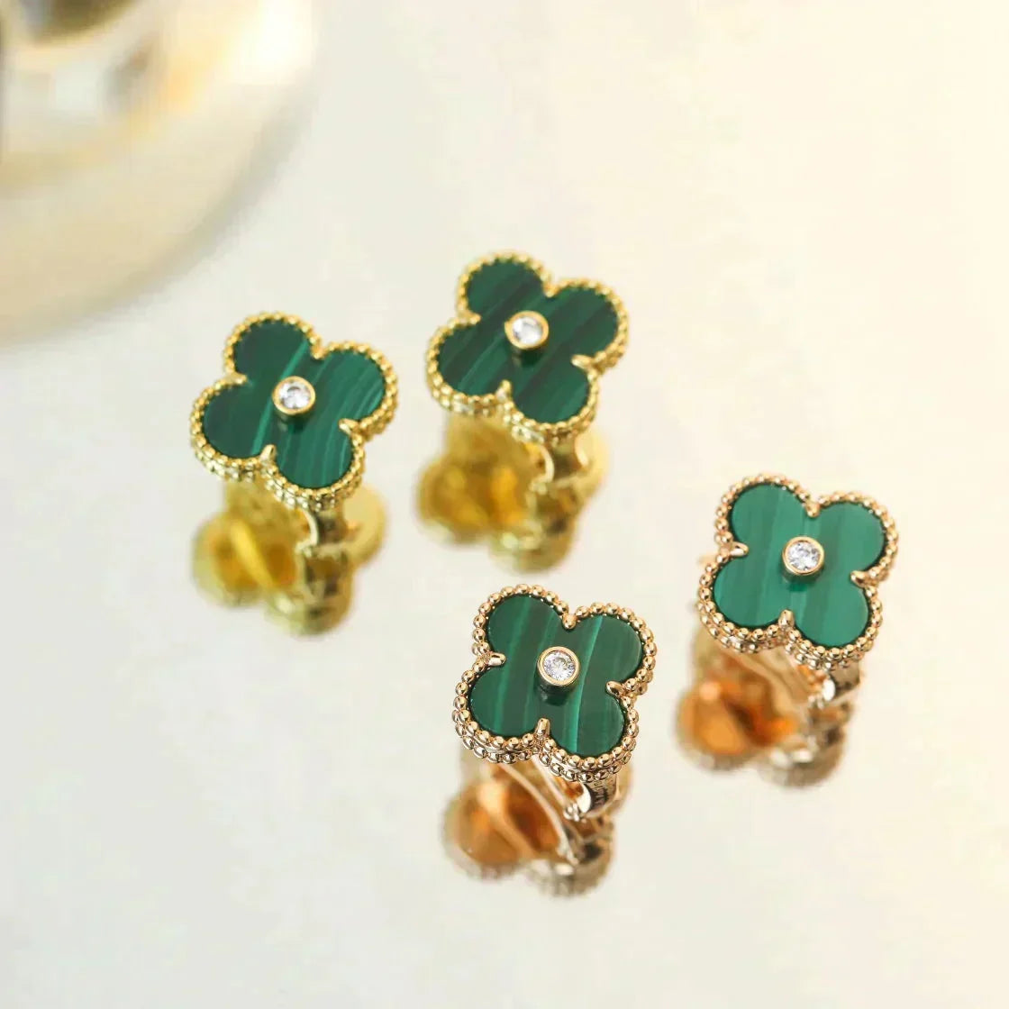 [⭐Mirelle]CLOVER MEDIUM 1 MOTIFS MALACHITE DIAMOND EARRINGS