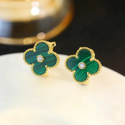 [⭐Mirelle]CLOVER MEDIUM 1 MOTIFS MALACHITE DIAMOND EARRINGS