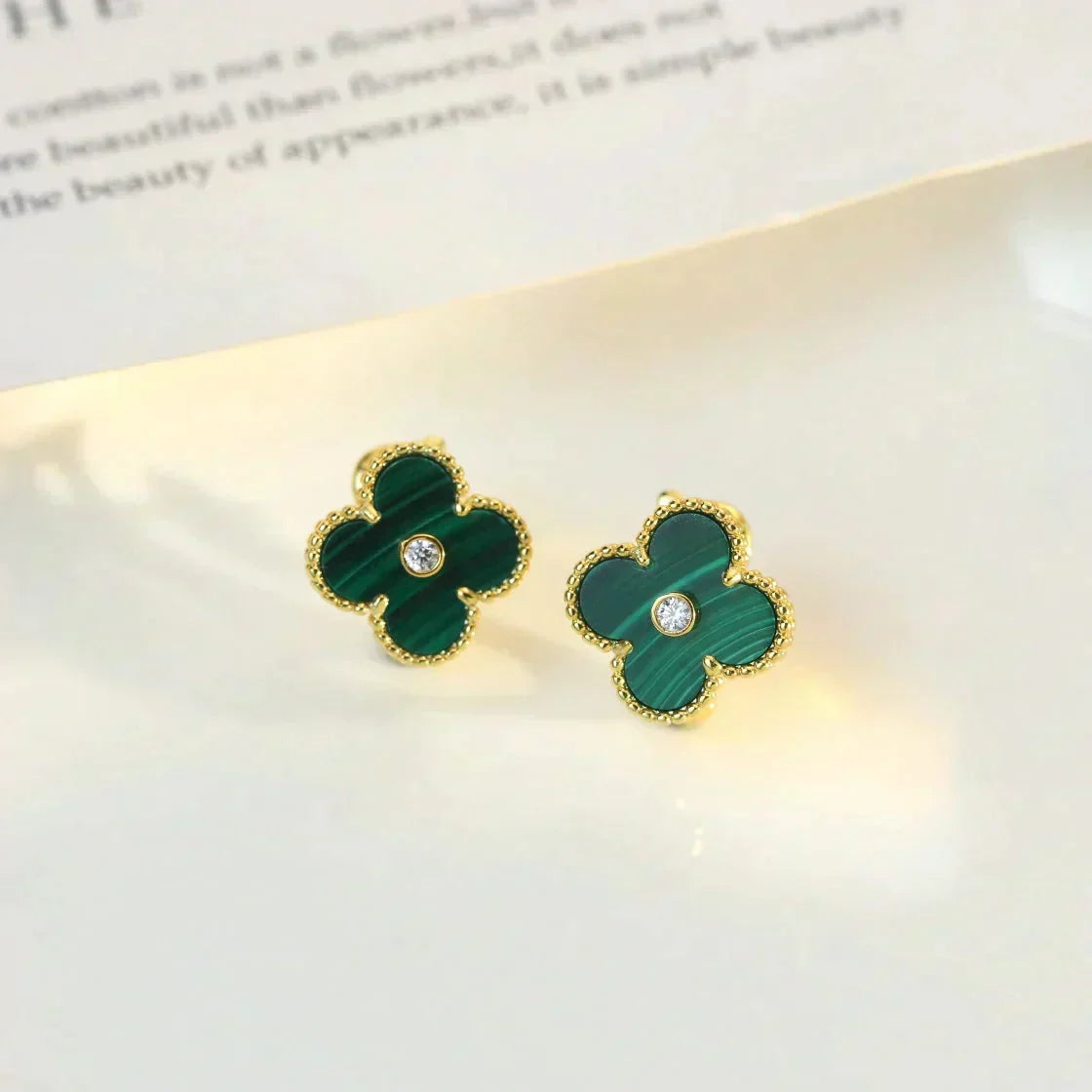 [⭐Mirelle]CLOVER MEDIUM 1 MOTIFS MALACHITE DIAMOND EARRINGS