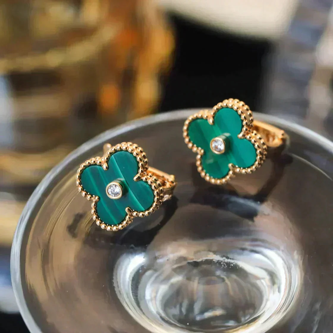 [⭐Mirelle]CLOVER MEDIUM 1 MOTIFS MALACHITE DIAMOND EARRINGS