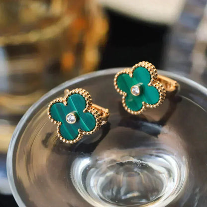 [⭐Mirelle]CLOVER MEDIUM 1 MOTIFS MALACHITE DIAMOND EARRINGS