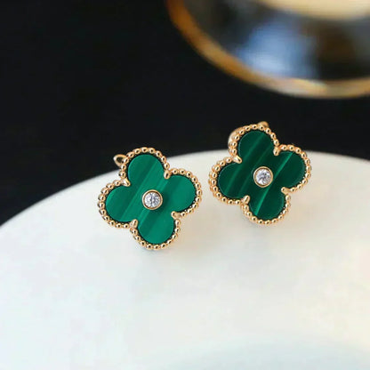 [⭐Mirelle]CLOVER MEDIUM 1 MOTIFS MALACHITE DIAMOND EARRINGS