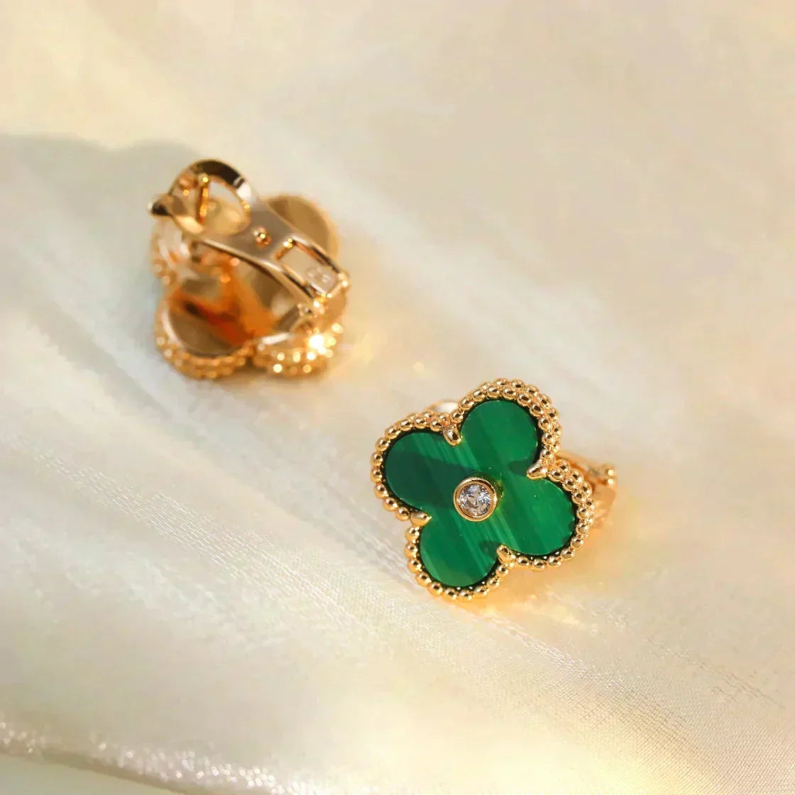[⭐Mirelle]CLOVER MEDIUM 1 MOTIFS MALACHITE DIAMOND EARRINGS
