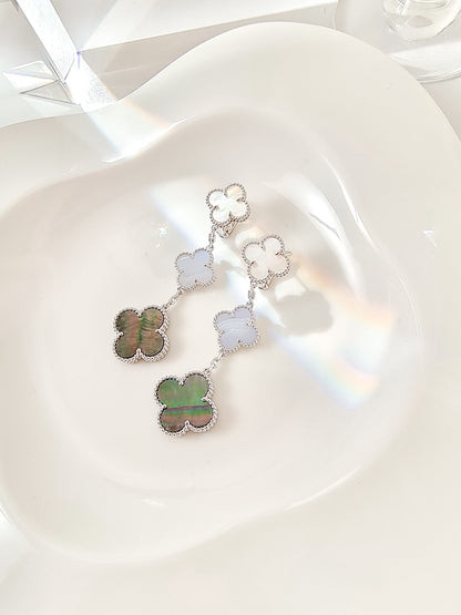 [⭐Mirelle]CLOVER 3 MOTIFS CHALCEDONY DARK MOP SILVER EARRINGS