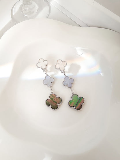[⭐Mirelle]CLOVER 3 MOTIFS CHALCEDONY DARK MOP SILVER EARRINGS