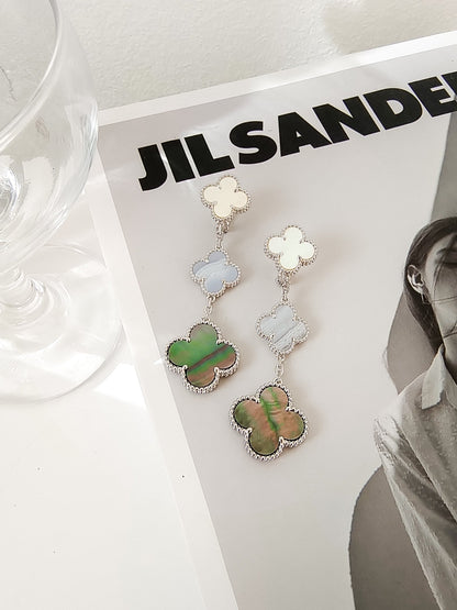 [⭐Mirelle]CLOVER 3 MOTIFS CHALCEDONY DARK MOP SILVER EARRINGS