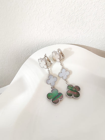 [⭐Mirelle]CLOVER 3 MOTIFS CHALCEDONY DARK MOP SILVER EARRINGS