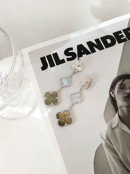 [⭐Mirelle]CLOVER 3 MOTIFS CHALCEDONY DARK MOP SILVER EARRINGS
