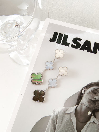 [⭐Mirelle]CLOVER 3 MOTIFS CHALCEDONY DARK MOP SILVER EARRINGS