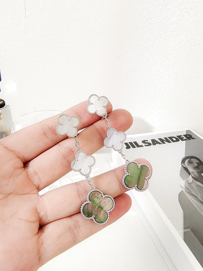 [⭐Mirelle]CLOVER 3 MOTIFS CHALCEDONY DARK MOP SILVER EARRINGS