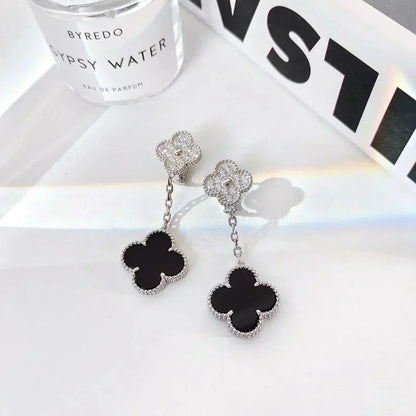 [⭐Mirelle]CLOVER 2 MOTIFS  DIAMOND ONYX EARRINGS SILVER