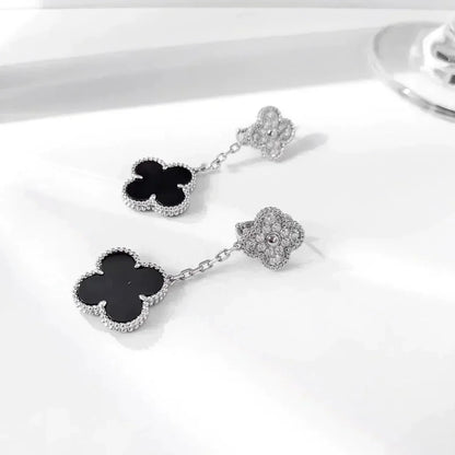 [⭐Mirelle]CLOVER 2 MOTIFS  DIAMOND ONYX EARRINGS SILVER