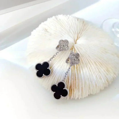 [⭐Mirelle]CLOVER 2 MOTIFS  DIAMOND ONYX EARRINGS SILVER