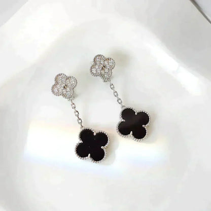 [⭐Mirelle]CLOVER 2 MOTIFS  DIAMOND ONYX EARRINGS SILVER