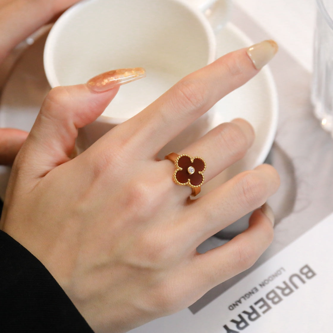 [⭐Mirelle]CLOVER CARNELIAN RING ROSE GOLD DIAMOND