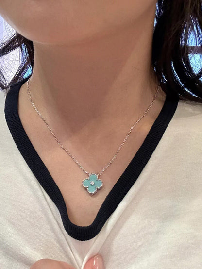 [⭐Mirelle]CLOVER 1 DIAMOND LIGHT BLUE SILVER NECKLACE