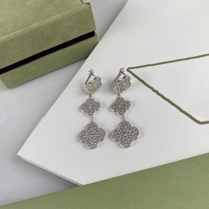 [⭐Mirelle]CLOVER 3 MOTIF DIAMOND SILVER DROP EARRINGS