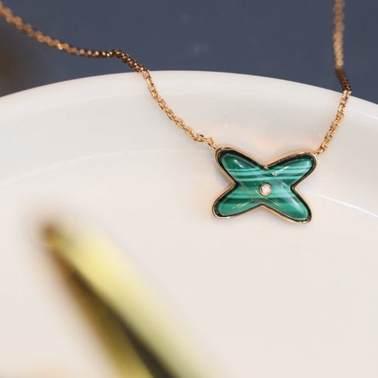 [⭐Mirelle]JEUX MALACHITE 1 DIAMOND PINK GOLD NECKLACE