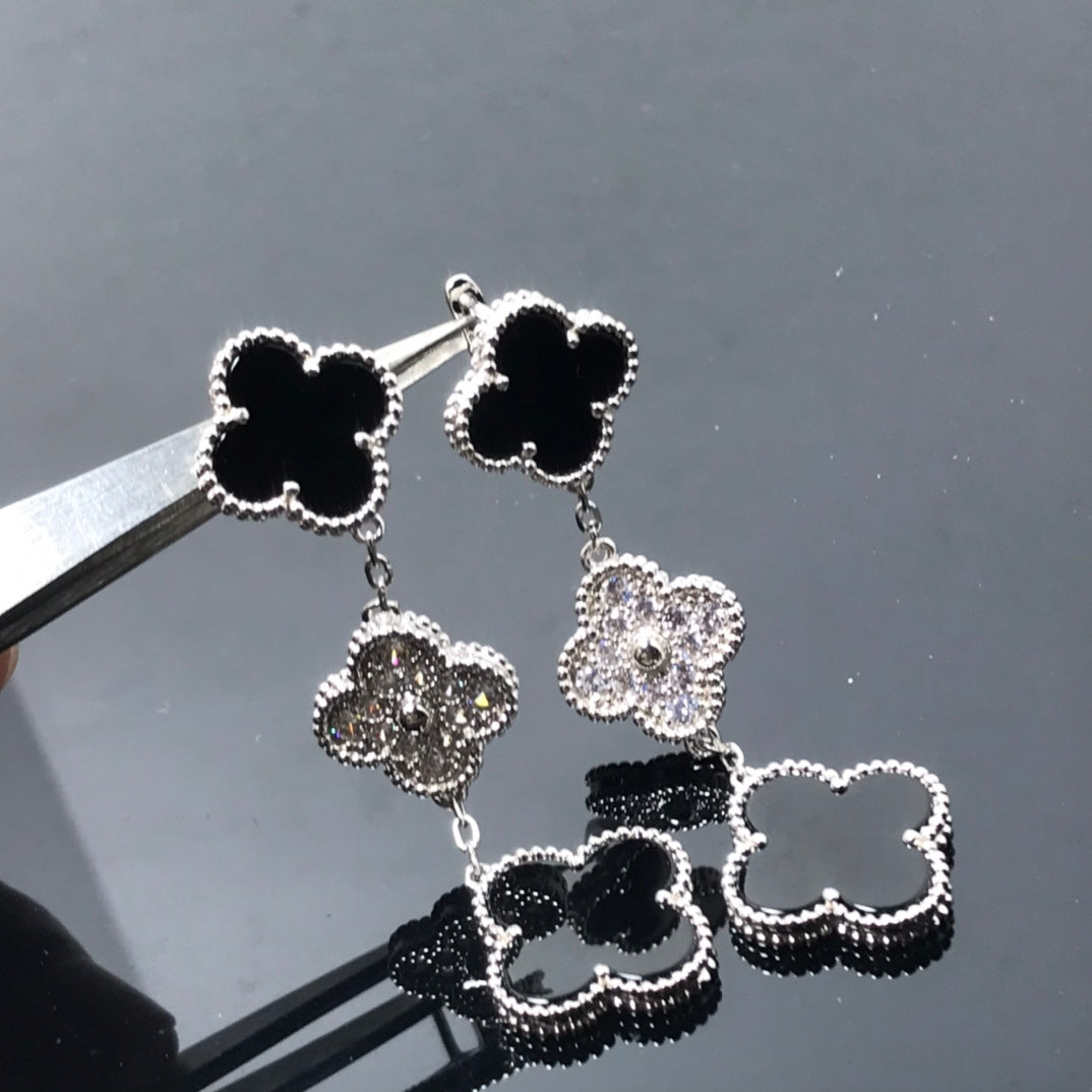 [⭐Mirelle]CLOVER 3 MOTIF DIAMOND ONYX SILVER EARRINGS