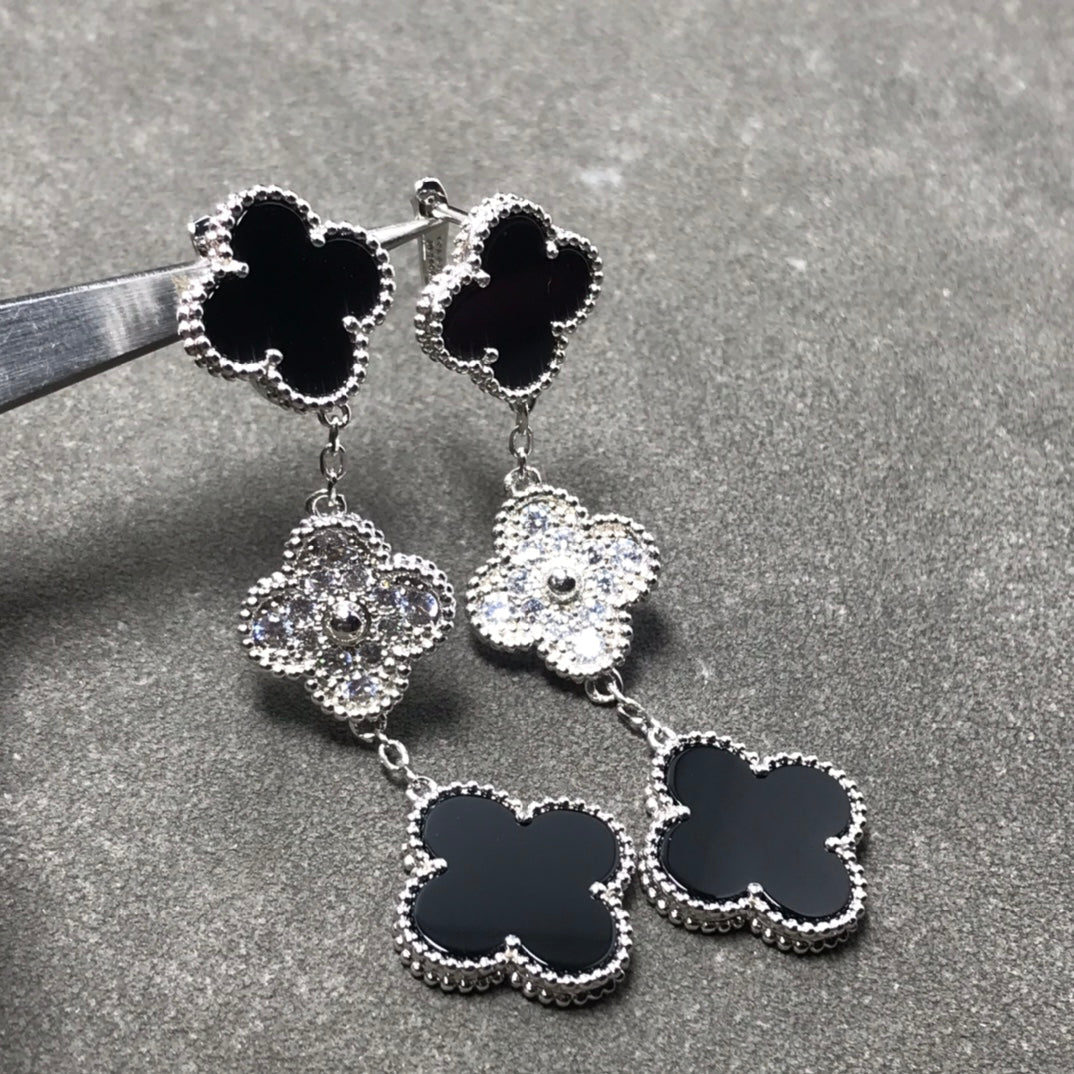 [⭐Mirelle]CLOVER 3 MOTIF DIAMOND ONYX SILVER EARRINGS