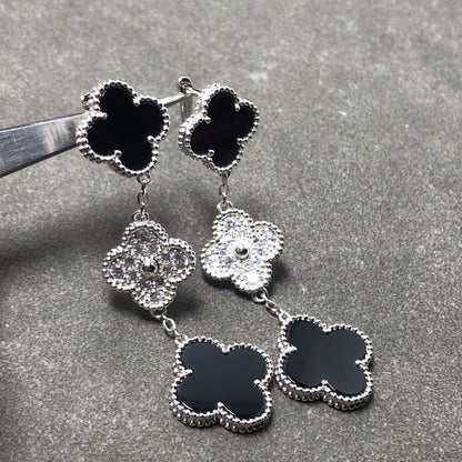 [⭐Mirelle]CLOVER 3 MOTIF DIAMOND ONYX SILVER EARRINGS