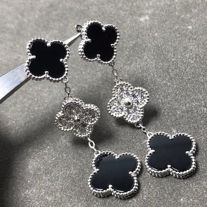 [⭐Mirelle]CLOVER 3 MOTIF DIAMOND ONYX SILVER EARRINGS