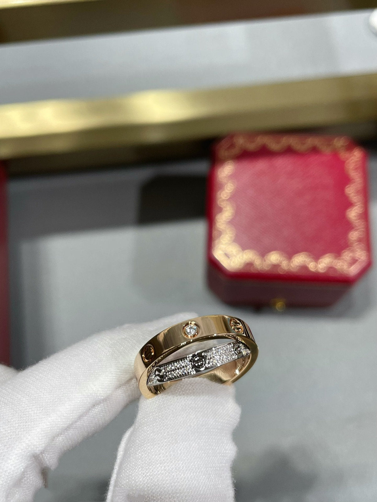 [⭐Mirelle]LOVE PINK GOLD SILVER DIAMOND DOUBLE RING