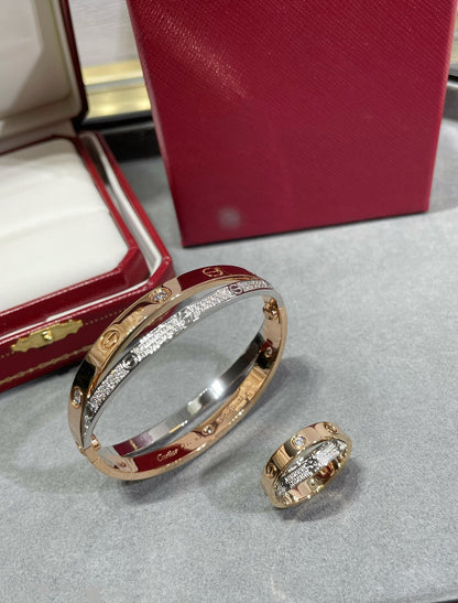 [⭐Mirelle]LOVE PINK GOLD SILVER DIAMOND DOUBLE RING