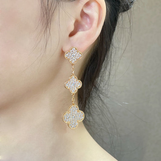 [⭐Mirelle]CLOVER 3 MOTIFS DIAMOND PAVED ROSE GOLD EARRINGS