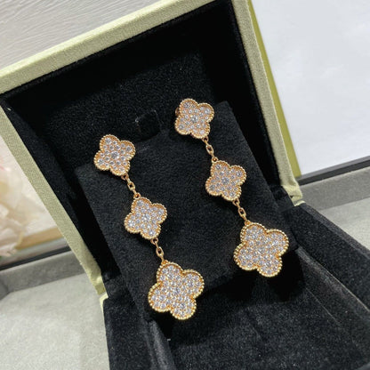 [⭐Mirelle]CLOVER 3 MOTIFS DIAMOND PAVED ROSE GOLD EARRINGS