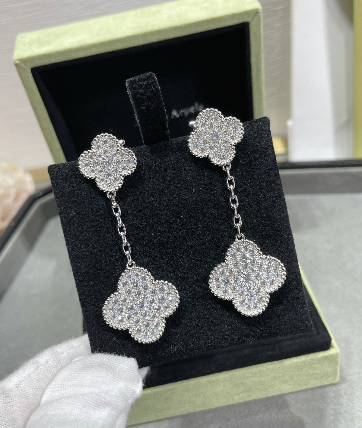 [⭐Mirelle]CLOVER 2 MOTIFS DIAMOND PAVED SILVER EARRINGS