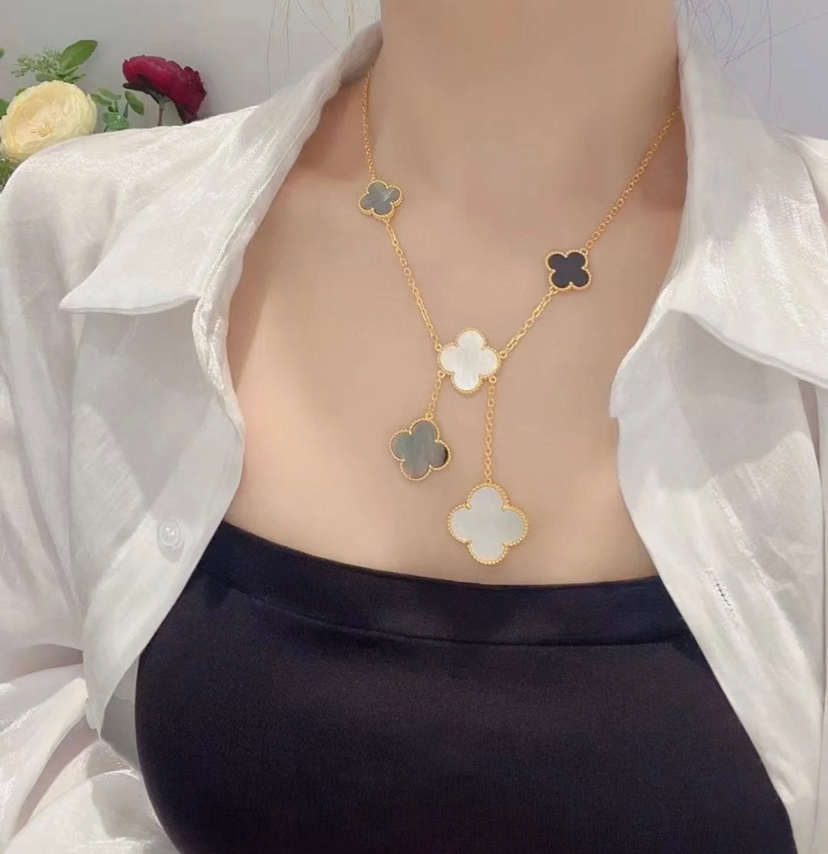 [⭐Mirelle]CLOVER 6 MOTIF MOP ONYX GOLD NECKLACE