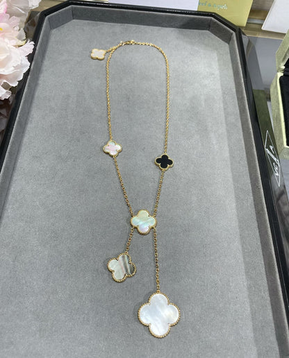 [⭐Mirelle]CLOVER 6 MOTIF MOP ONYX GOLD NECKLACE