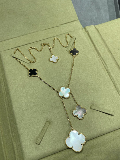 [⭐Mirelle]CLOVER 6 MOTIF MOP ONYX GOLD NECKLACE