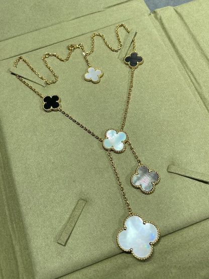 [⭐Mirelle]CLOVER 6 MOTIF MOP ONYX GOLD NECKLACE