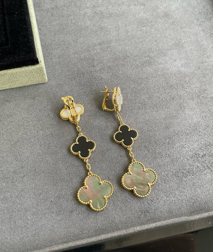 [⭐Mirelle]CLOVER 3 MOTIF MOP ONYX DARK MOP PINK GOLD EARRINGS