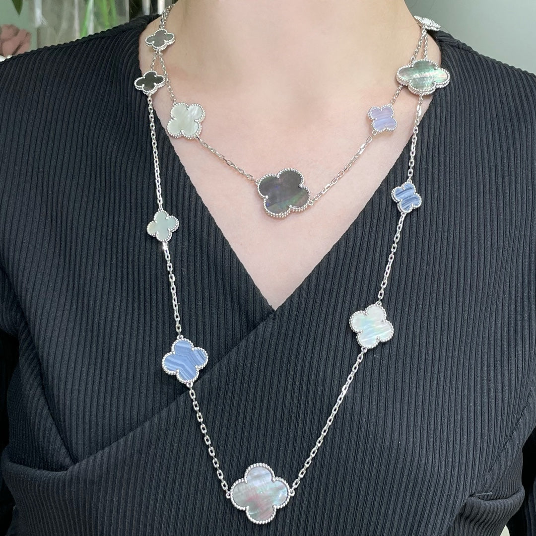 [⭐Mirelle]CLOVER 16 MOTIF CHALCEDONY MOP SILVER NECKLACE