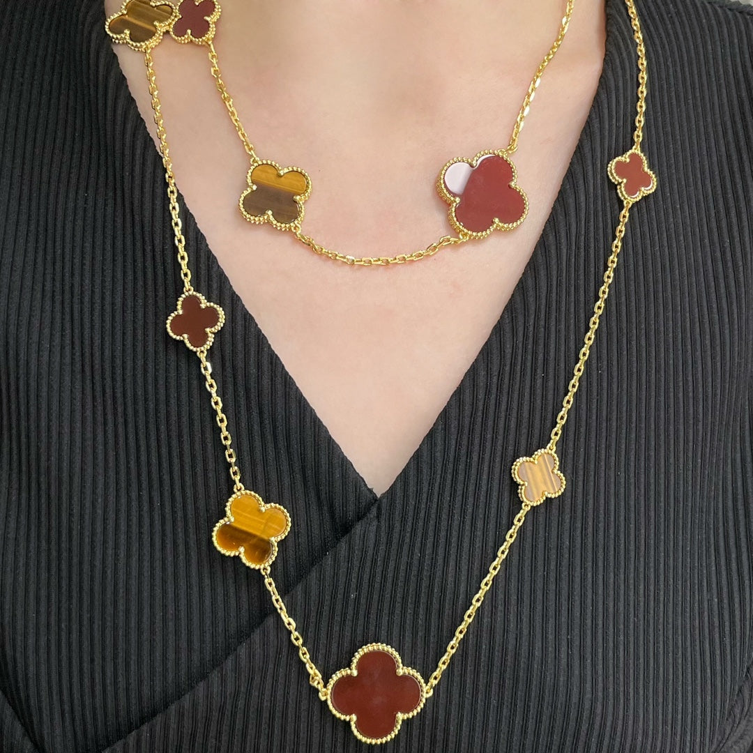 [⭐Mirelle]CLOVER 16 MOTIF CARNELIAN TIGER EYE ROSE GOLD NECKLACE