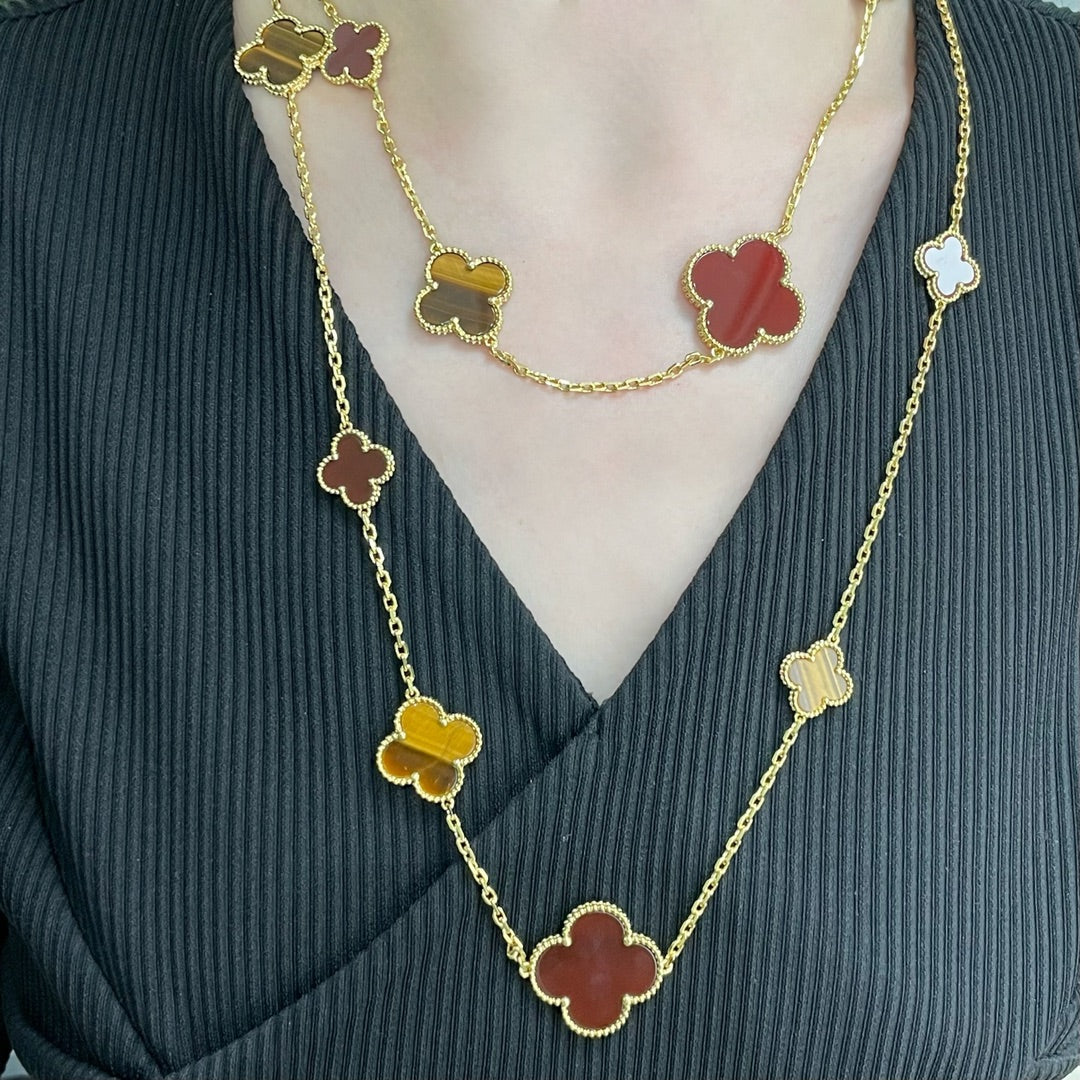 [⭐Mirelle]CLOVER 16 MOTIF CARNELIAN TIGER EYE ROSE GOLD NECKLACE