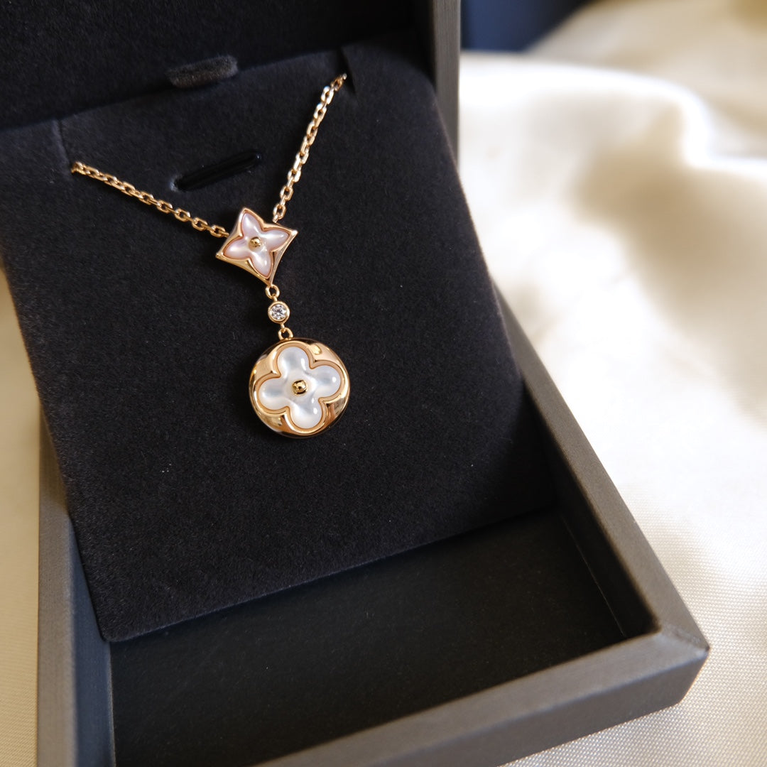 [⭐Mirelle]STAR AND SUN WHITE MOP 2 MOTIF PINK GOLD NECKLACE