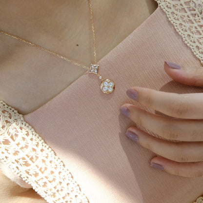 [⭐Mirelle]STAR AND SUN WHITE MOP 2 MOTIF PINK GOLD NECKLACE