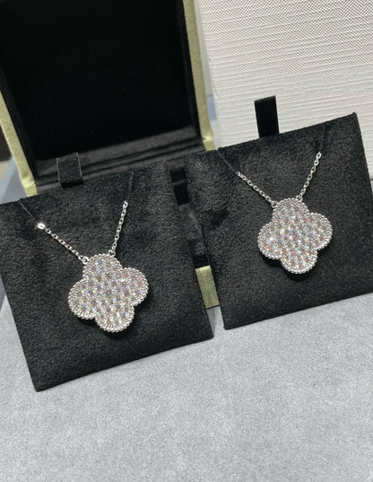[⭐Mirelle]CLOVER 25MM LARGE PENDANT DIAMOND PAVED SILVER NECKLACE
