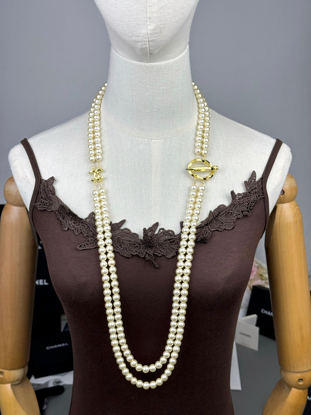 [⭐Mirelle]25K Pencil Double C Double-Layer Pearl Sweater Chain