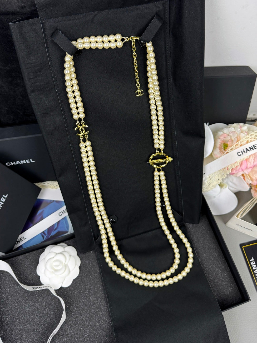 [⭐Mirelle]25K Pencil Double C Double-Layer Pearl Sweater Chain
