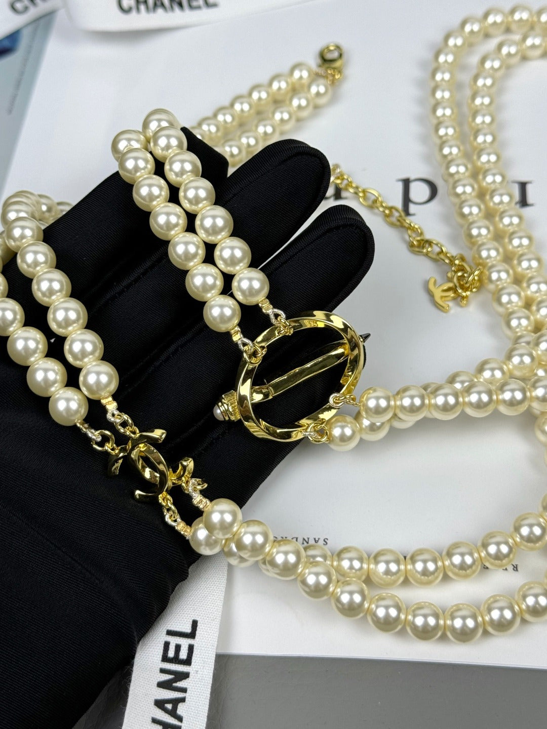 [⭐Mirelle]25K Pencil Double C Double-Layer Pearl Sweater Chain