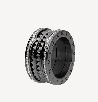 [⭐Mirelle]ZERO 1 ROCK FOUR-BAND BLACK CERAMIC WITH STUDDED SPIRAL AND PAVED DIAMONDS RING