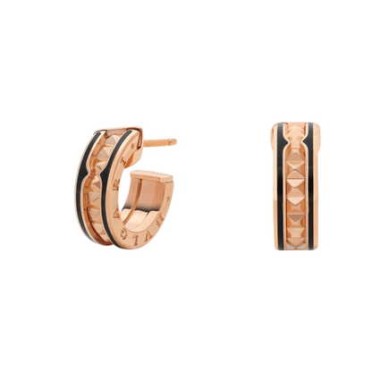 [⭐Mirelle]ZERO 1 ROCK PINK GOLD EARRINGS WITH STUDDED SPIRAL AND BLACK CERAMIC