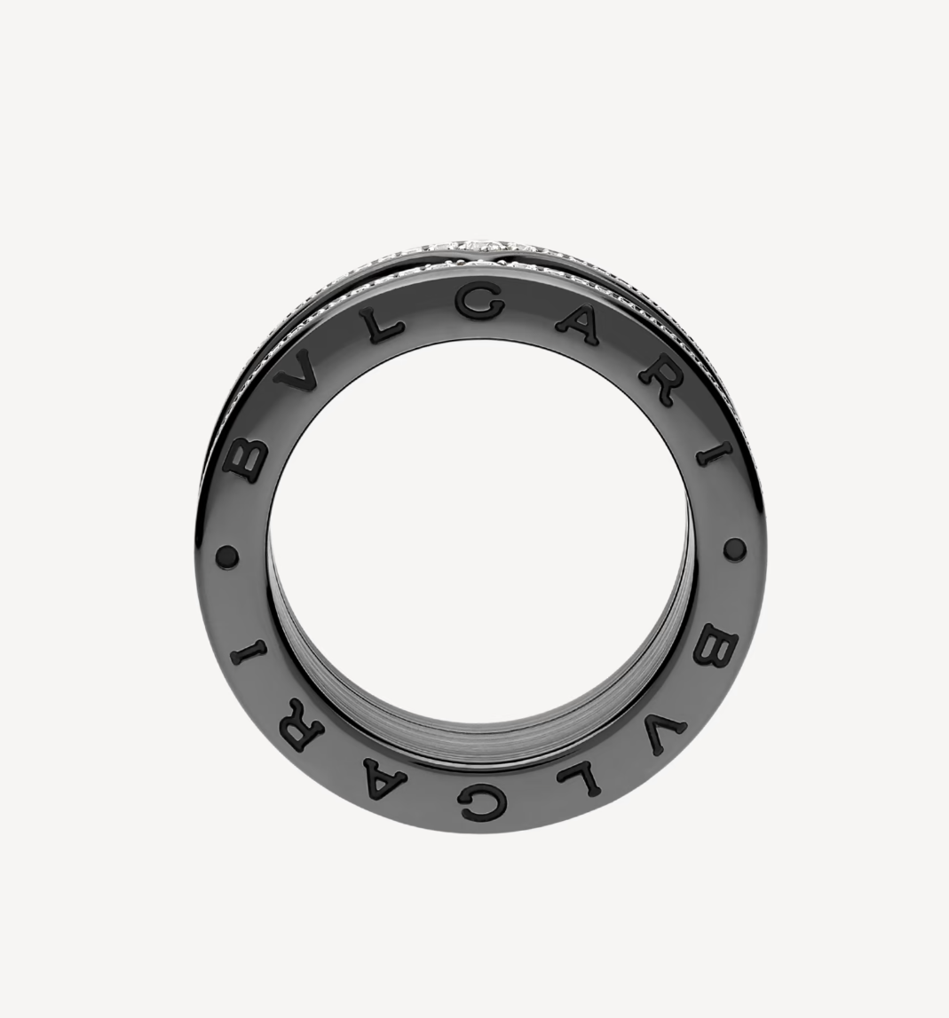 [⭐Mirelle]ZERO 1 ROCK FOUR-BAND BLACK CERAMIC WITH STUDDED SPIRAL AND PAVED DIAMONDS RING